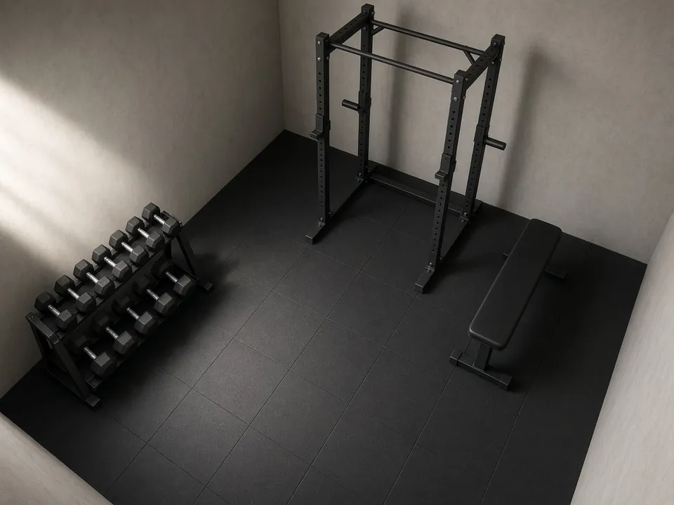 A room corner on black rubber flooring with a power rack, a flat bench and a dumbbell rack set along the walls and open floor in the middle.