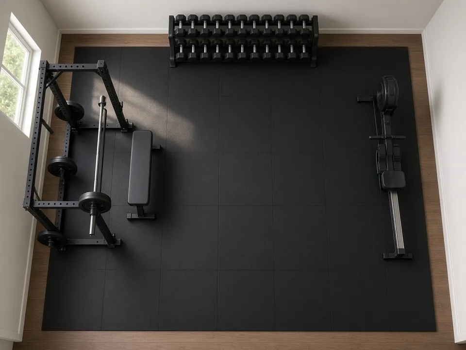 Top-down view of a larger room on black rubber flooring with a power rack and bench on one side, a row of dumbbells along the back wall and a rowing machine on the other side, leaving open floor in the middle.