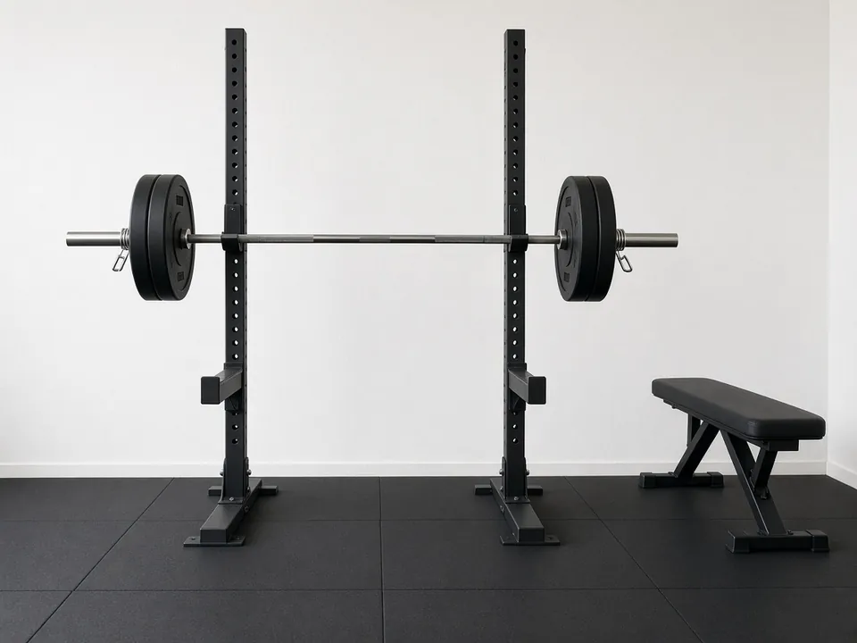 A squat stand holding a loaded barbell with collars on, safety arms set below, and a flat bench beside it.
