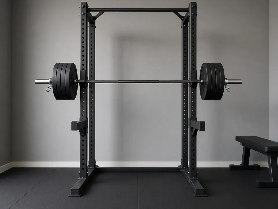 A power rack holding a loaded barbell with collars on and safety arms below, with a flat bench beside it.