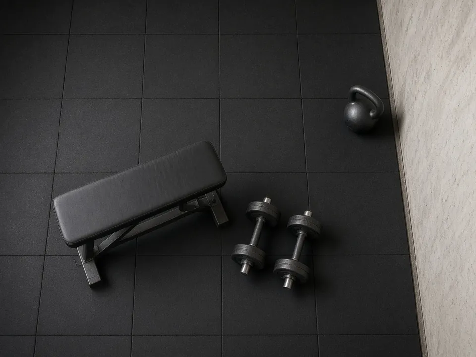 Top-down view of black rubber tiles beside a wall with a flat bench, a pair of dumbbells and a kettlebell.