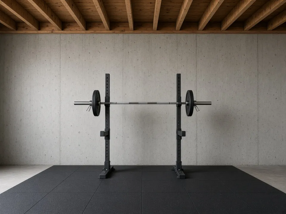 Squat stands holding a loaded barbell in a basement with exposed wooden ceiling joists above.