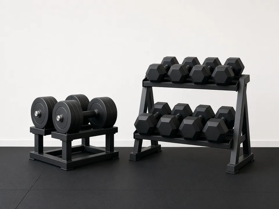 A pair of round-plate dumbbells on a low stand beside a two-tier rack of hex dumbbells.