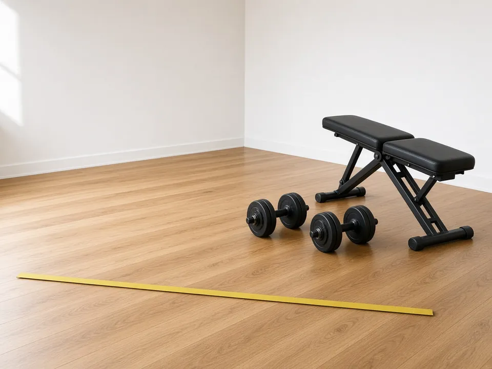An empty room with a wood floor, a folding adjustable bench, two pairs of dumbbells and a strip of yellow tape across the floor.
