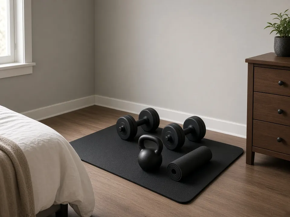 A small rubber mat in a bedroom corner with a few dumbbells, a kettlebell and a foam roller, next to a dresser.