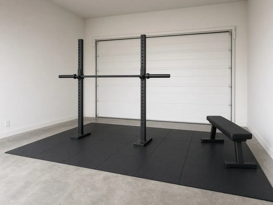Squat stands holding an empty barbell and a flat bench on rubber tiles in a garage.