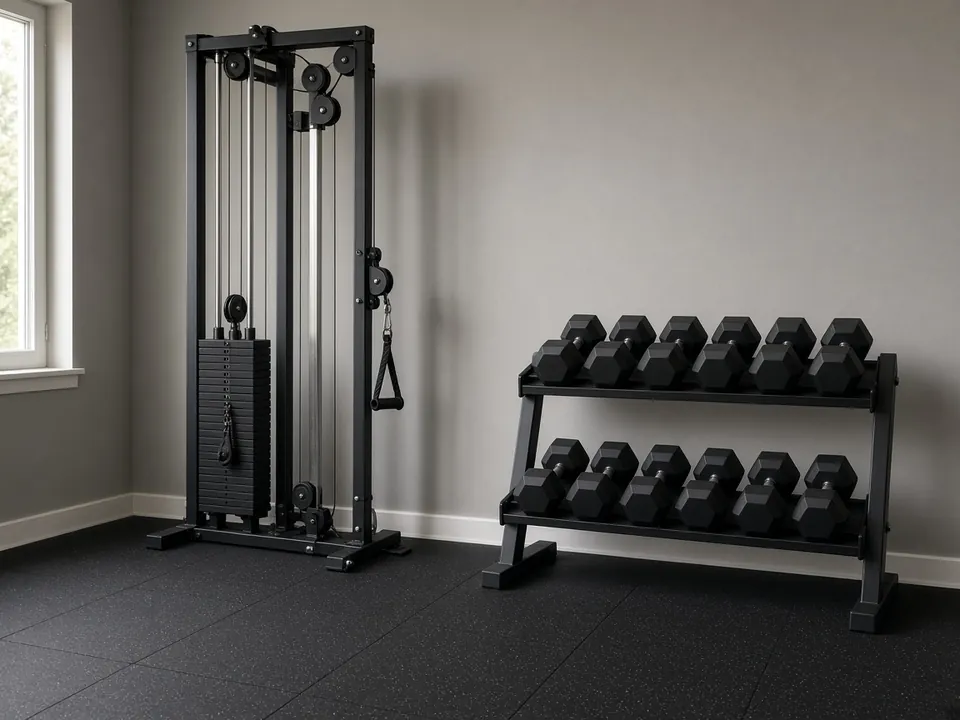 A compact cable machine beside a two-tier rack of hex dumbbells on black rubber flooring.