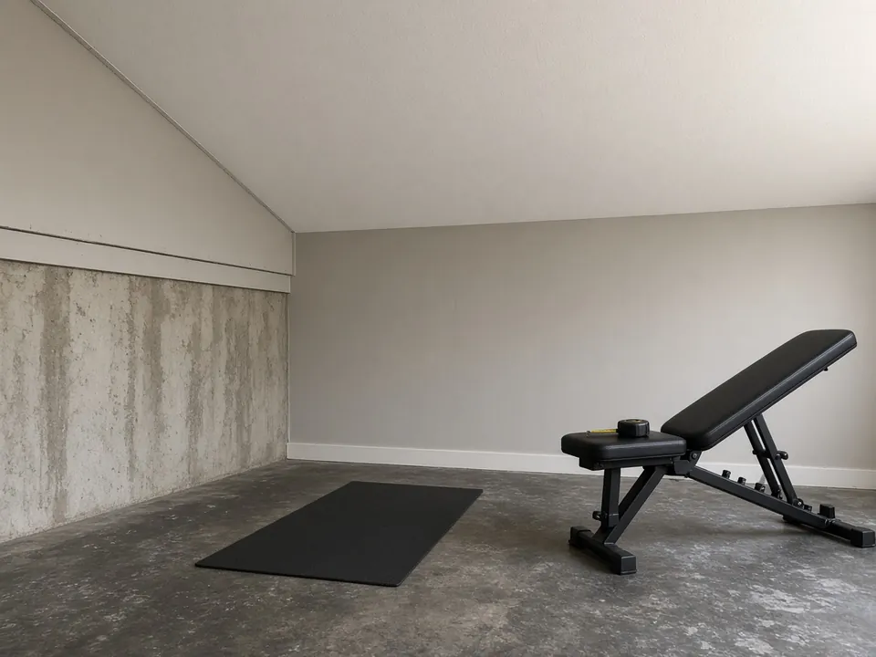 An adjustable bench beside a small mat in a basement with a sloped ceiling and a concrete wall.