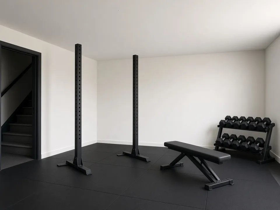 Empty squat stands, a flat bench and a dumbbell rack in a basement room with a white ceiling.