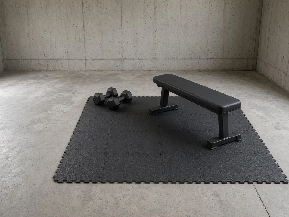 Interlocking rubber tiles on a bare concrete floor with a flat bench and a pair of dumbbells.