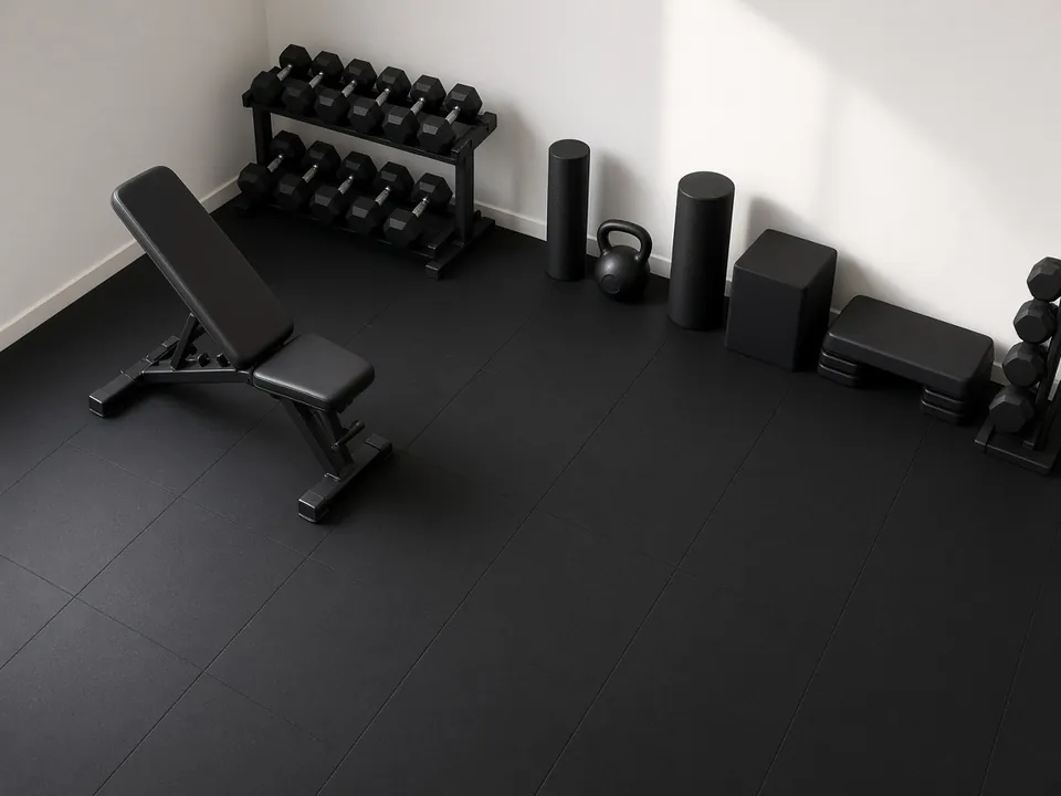 A room corner on black rubber flooring with an adjustable bench, a dumbbell rack, a kettlebell, foam rollers and plyo boxes grouped along the walls.