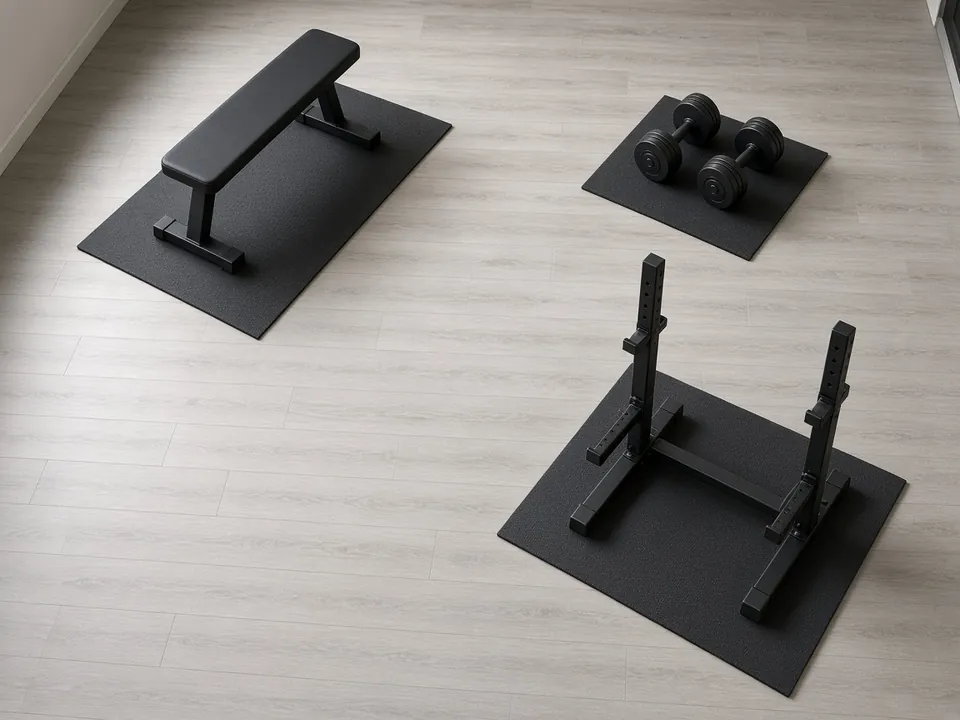 Top-down view of a light wood floor with a flat bench, a pair of dumbbells and squat stands, each on its own rubber mat.