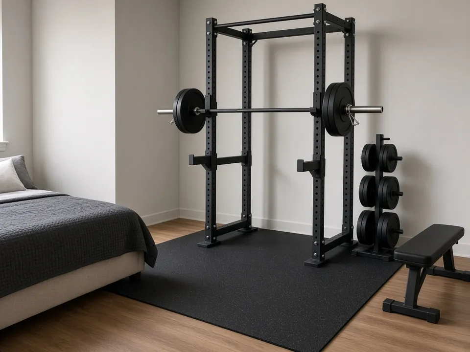 A power rack with a loaded barbell on a rubber mat in a bedroom, with a plate tree and a flat bench beside it.