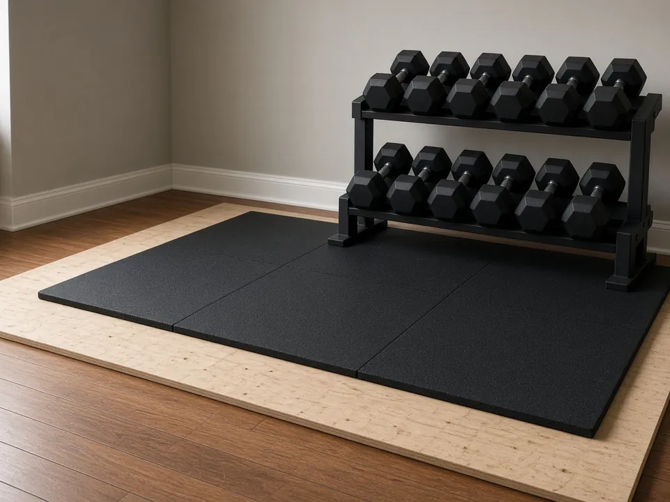 A two-tier rack of hex dumbbells on a black rubber mat laid over a plywood base on a wood floor.