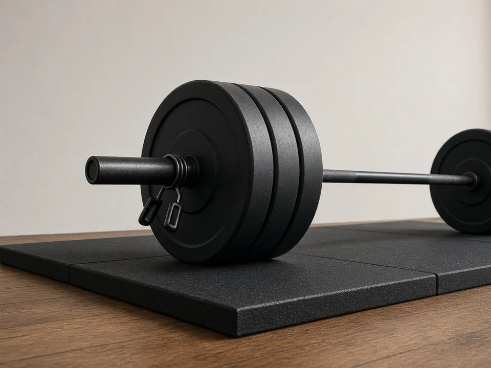 A loaded barbell resting on a thick rubber platform over a wood floor.