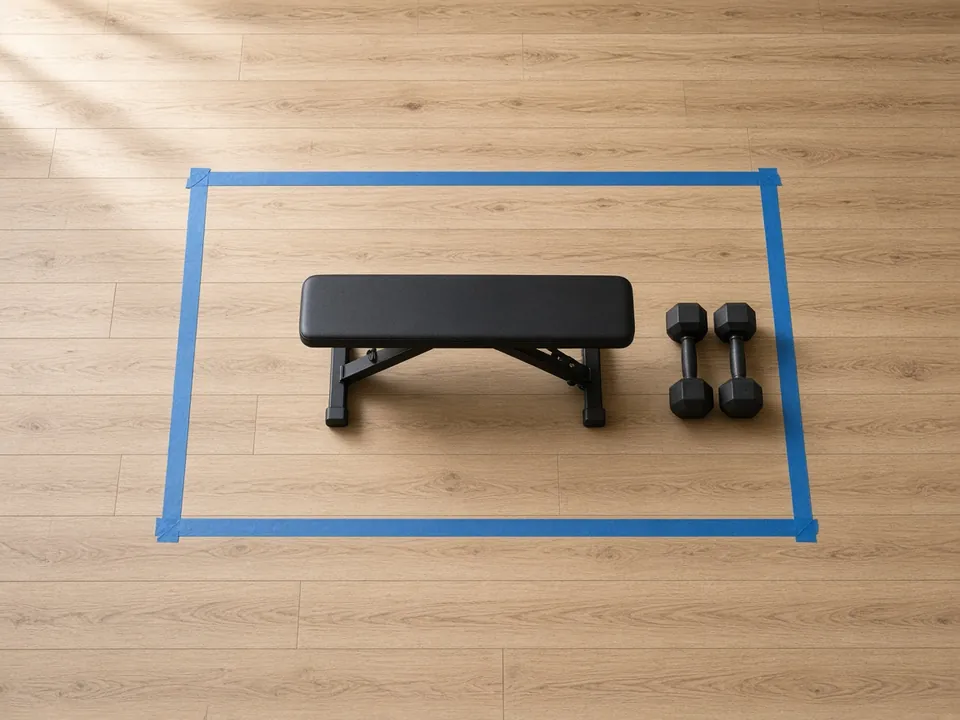 Top-down view of a wood floor where blue tape marks a rectangle around a flat bench and a pair of dumbbells.