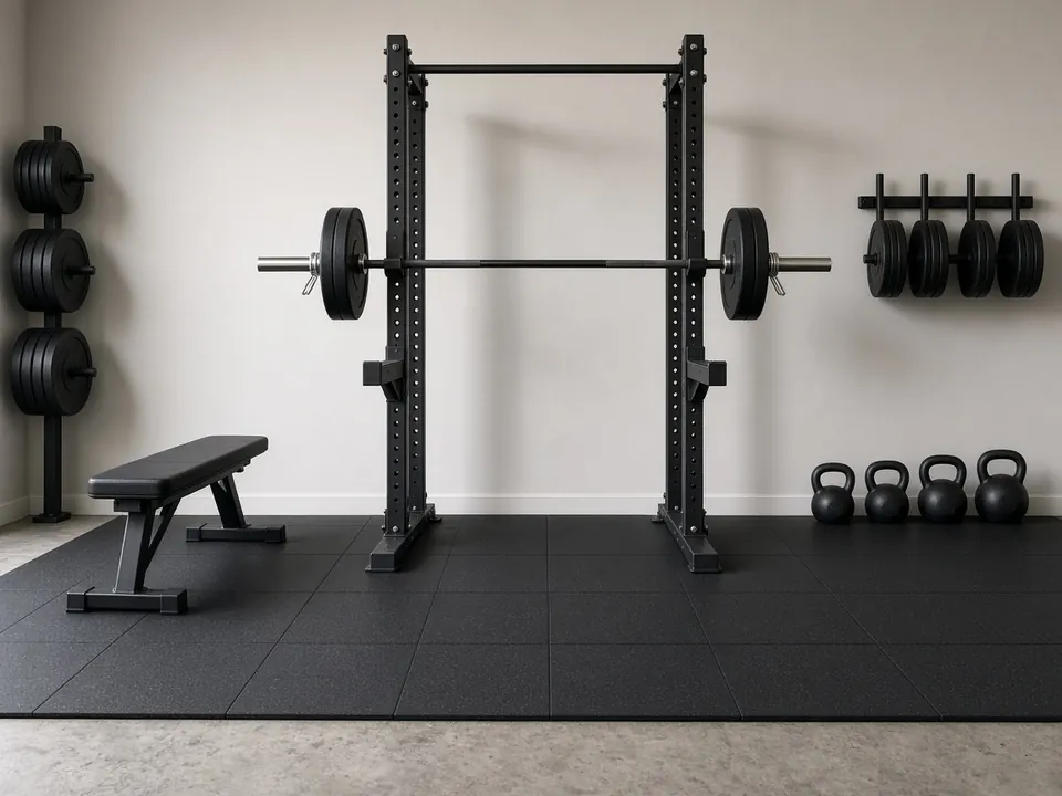 A half rack holding a loaded barbell with collars on and safety arms below, with a flat bench, a plate tree, wall-mounted plates and four kettlebells on black rubber tiles.