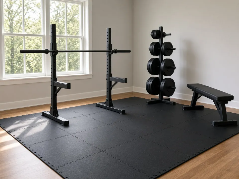 Squat stands holding an empty barbell, a plate tree and a flat bench on interlocking rubber tiles over a wood floor.