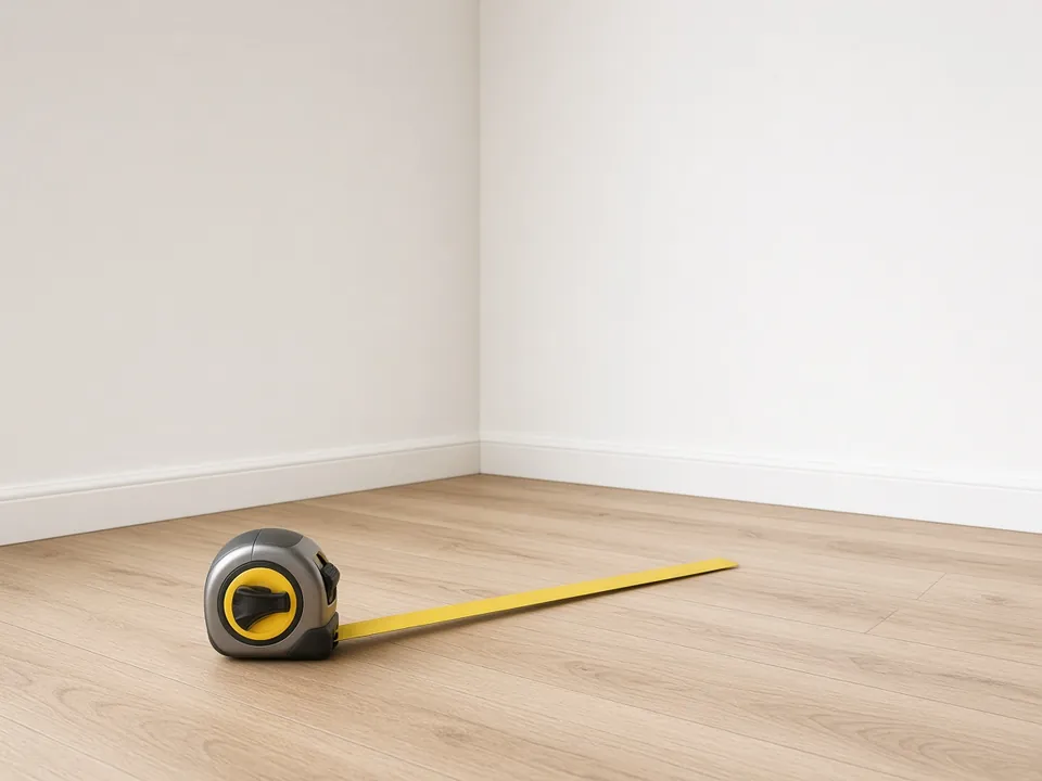 A tape measure on a wood floor with its yellow blade pulled out along the floor of an empty room.