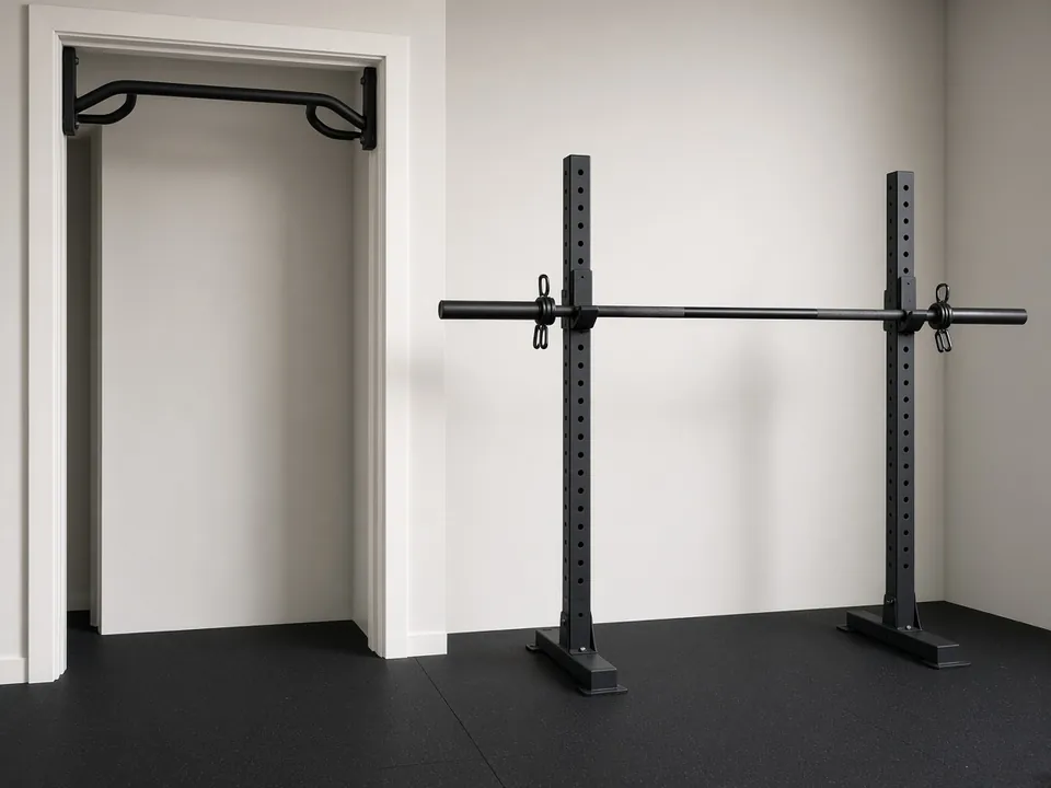 A pull-up bar mounted in a doorway beside squat stands holding an empty barbell.