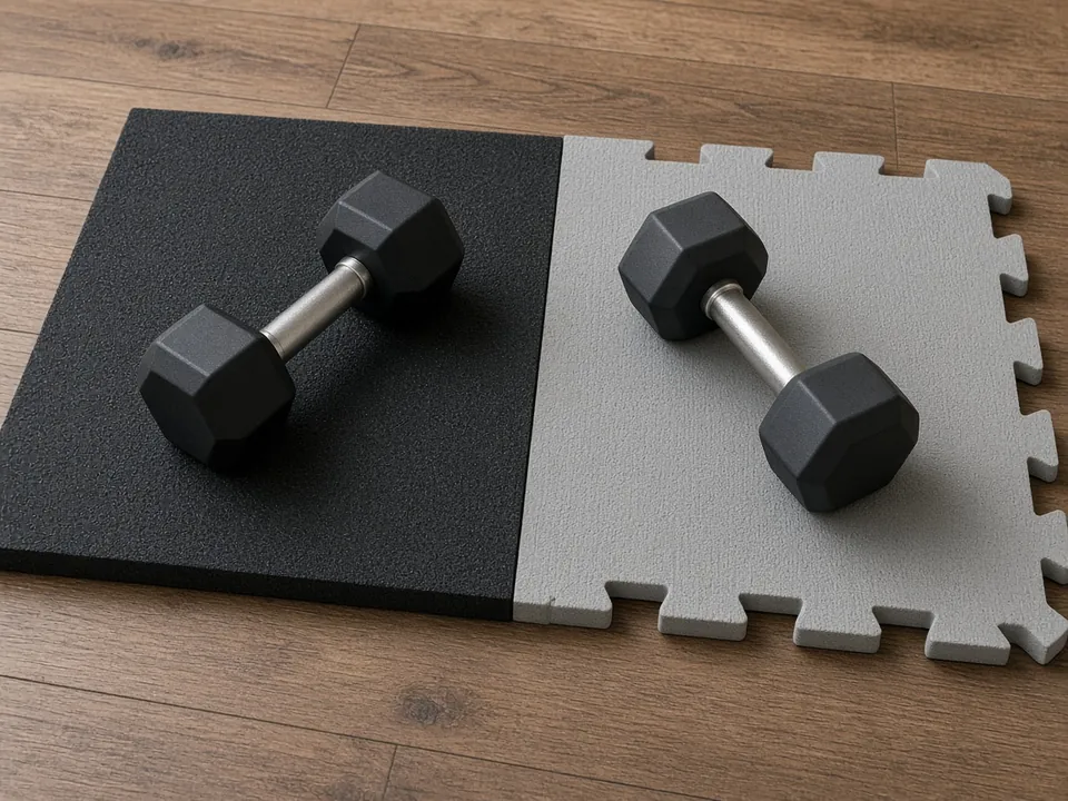 A hex dumbbell on a black rubber mat next to another on a grey interlocking foam mat, side by side on a wood floor.