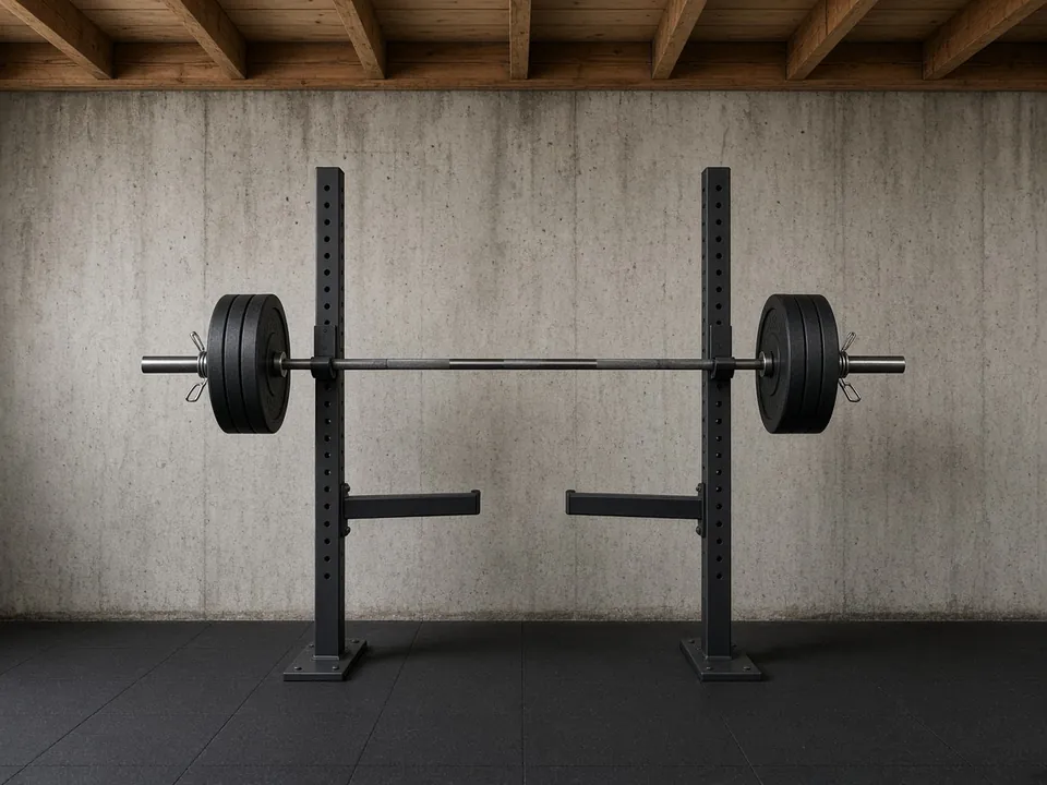 A short squat stand with a loaded barbell at chest height, safety arms set below it, on rubber mats in a basement, with about a foot of clear wall between the top of the posts and the wooden ceiling joists.