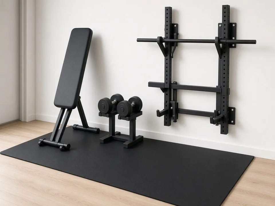 A wall-mounted folding rack, an adjustable bench and a pair of dumbbells on a rubber mat over a wood floor.
