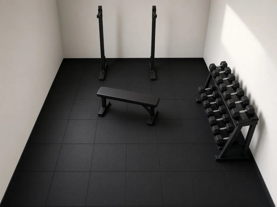 A room on black rubber tiles with squat stands against the back wall, a flat bench in the middle and a dumbbell rack along the side wall.