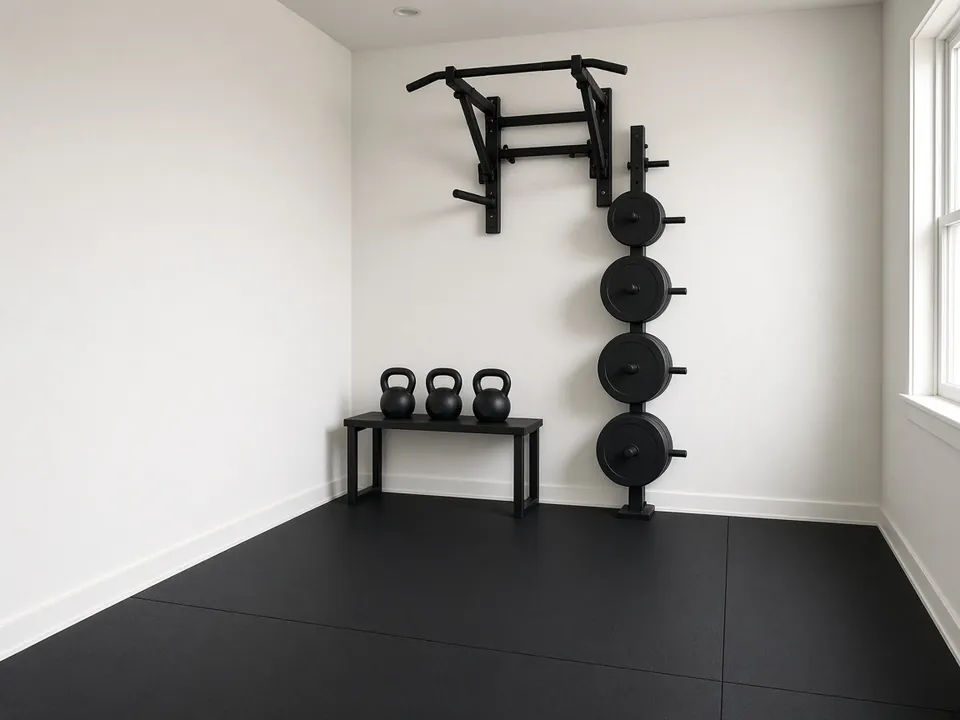 A wall-mounted pull-up bar above a vertical plate stack, with kettlebells on a low shelf in a corner on black rubber flooring.