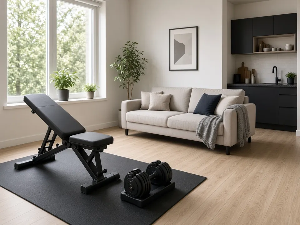 An adjustable bench and a pair of dumbbells on a rubber mat in a bright studio apartment with a sofa and a kitchen behind.
