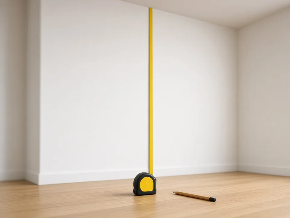 A tape measure on a wood floor with its plain yellow blade pulled straight up a white wall toward the ceiling, a pencil lying beside it.