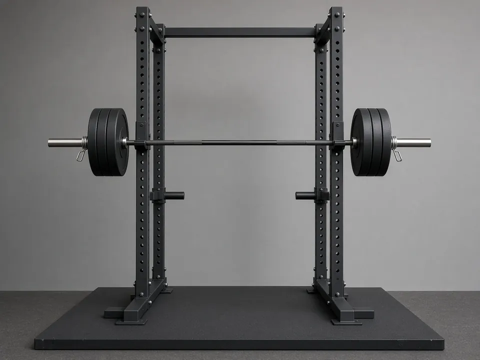 A power rack standing on a lifting platform, holding a loaded barbell with collars on both ends and safety pins below.