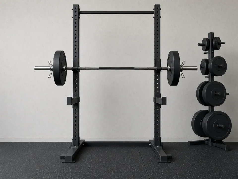 A half rack holding a loaded barbell with collars on and safety arms below, next to a plate tree.
