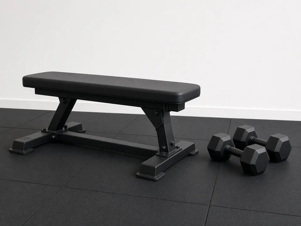 A flat bench and a pair of hex dumbbells on black rubber tiles.