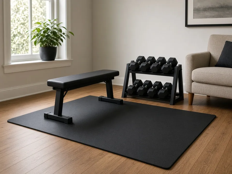 A flat bench and a two-tier dumbbell rack on a black rubber mat over a wood floor in a living room.